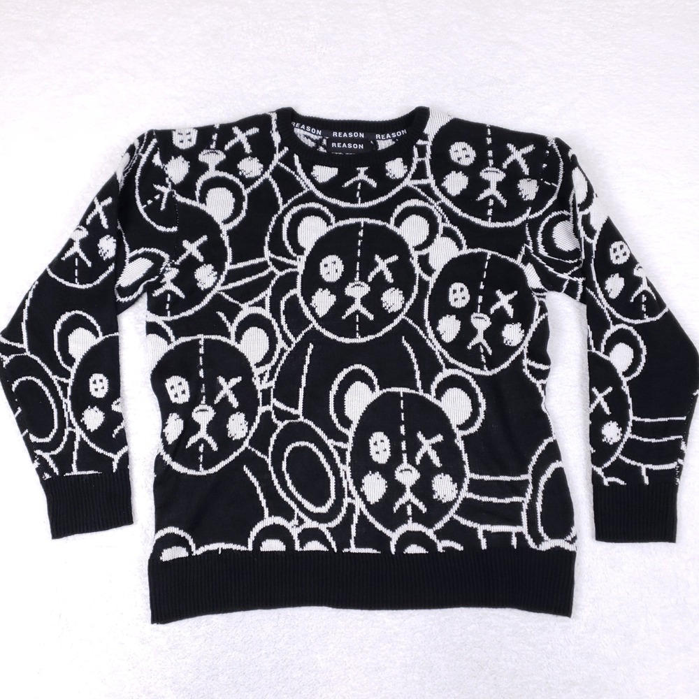 Reason Mens XL Teddy‎ Bear Graphic Crewneck Sweater Black White Streetwear Knit